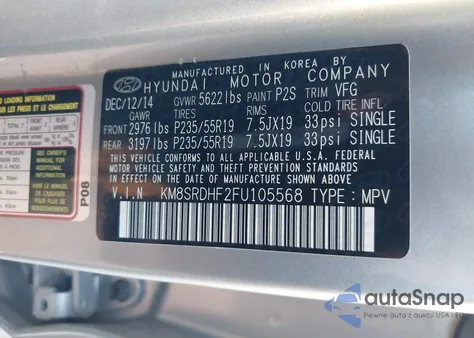 2015 Hyundai Santa Fe Gls из США, поврежденный, VIN KM8SRDHF2FU105568